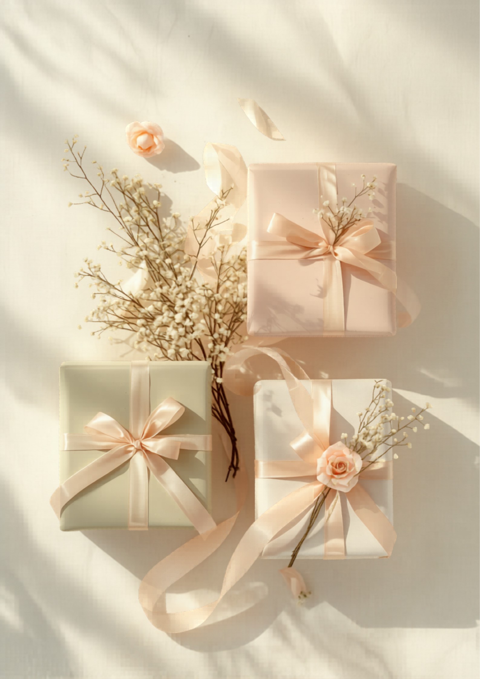 Mooi ingepakte bruiloftscadeaus met linten en bloemen
